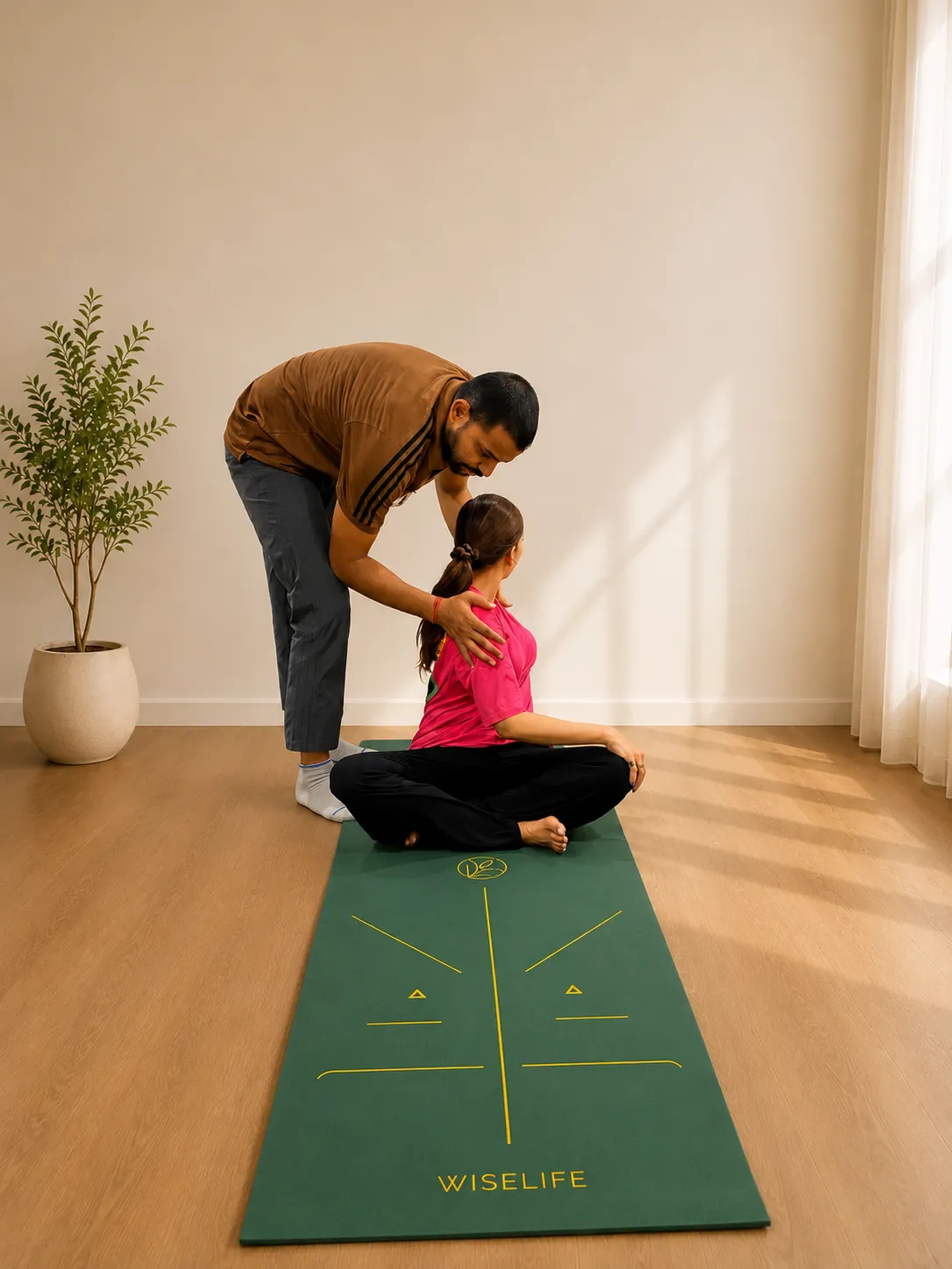 Satyam guiding a seated spinal twist during a home session