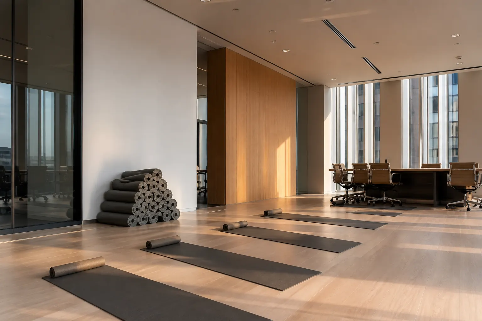 An office lounge prepared for a workplace yoga workshop