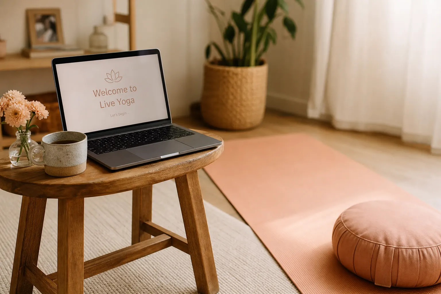 A calm practice space set up for a live online class