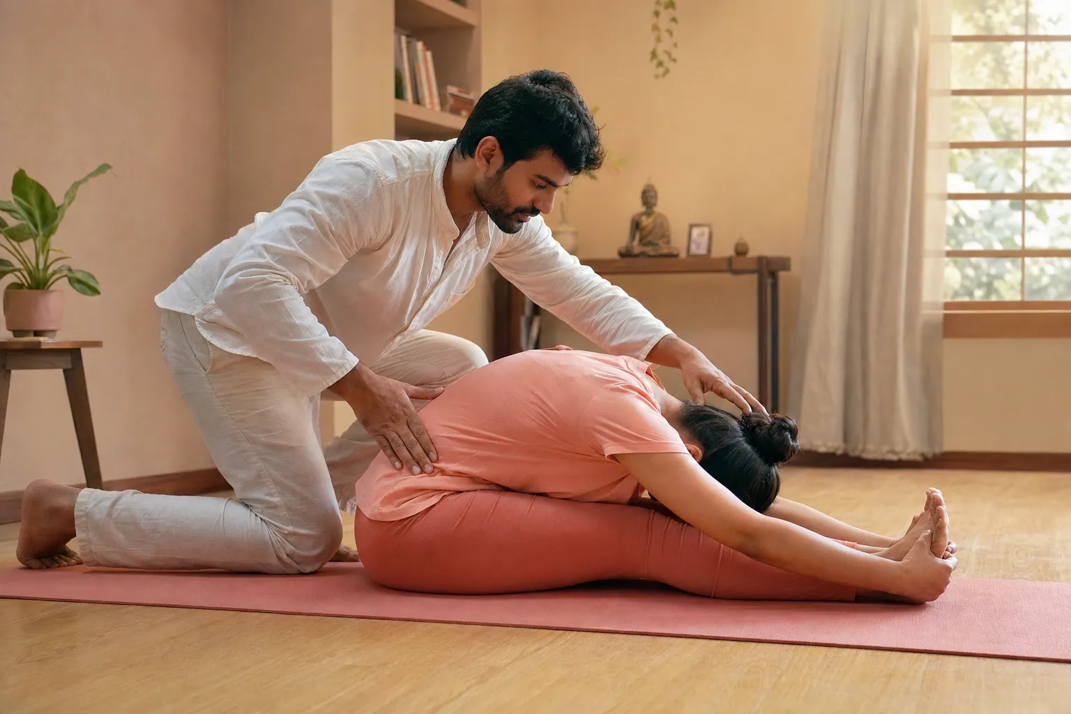 Satyam gently guiding a student's seated forward fold at home
