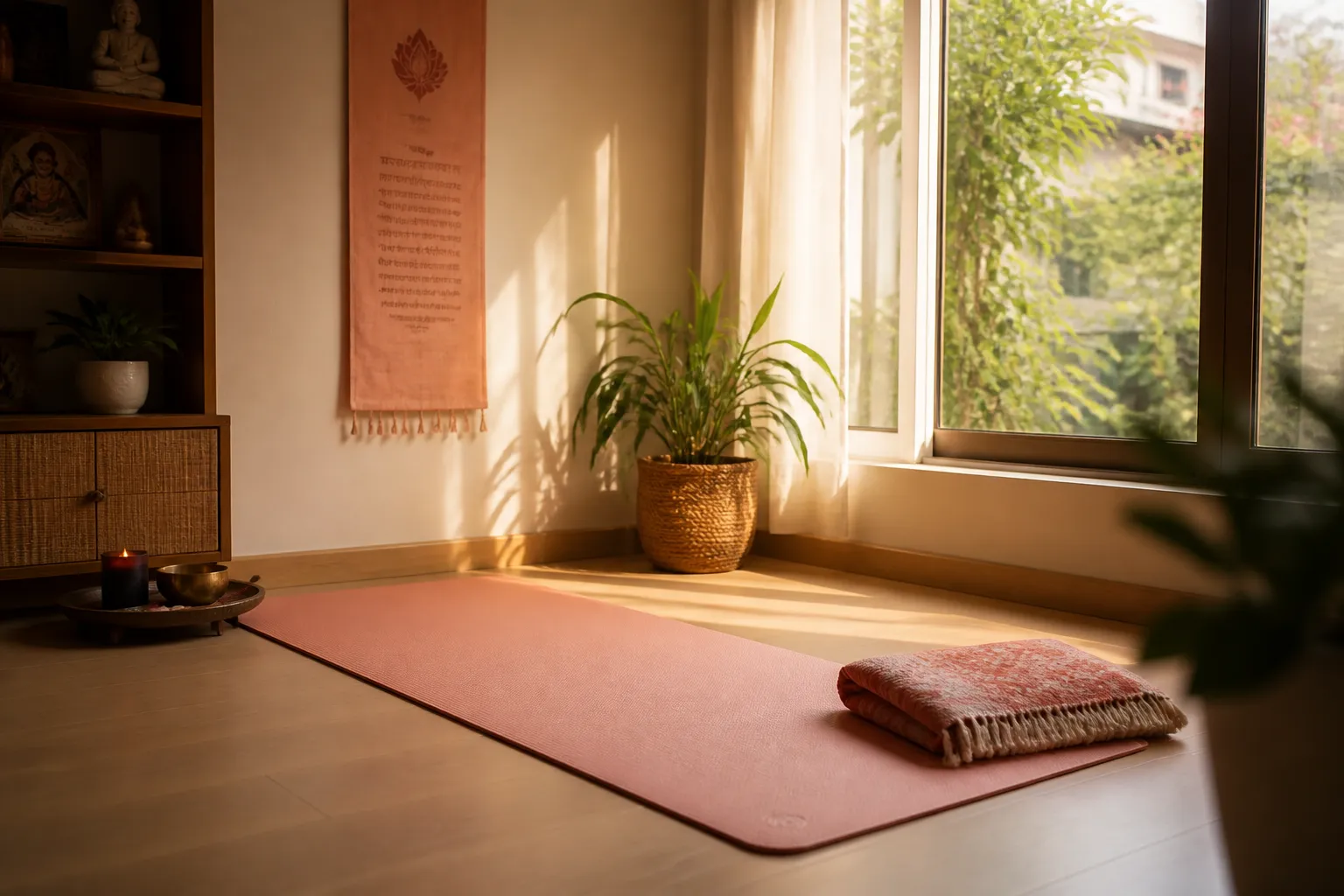 A calm home yoga corner with a mat by a sunlit window